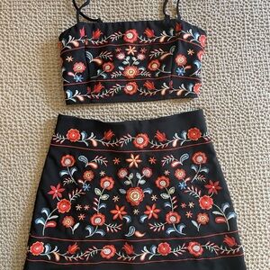 Embroidered Floral Black Skirt Set